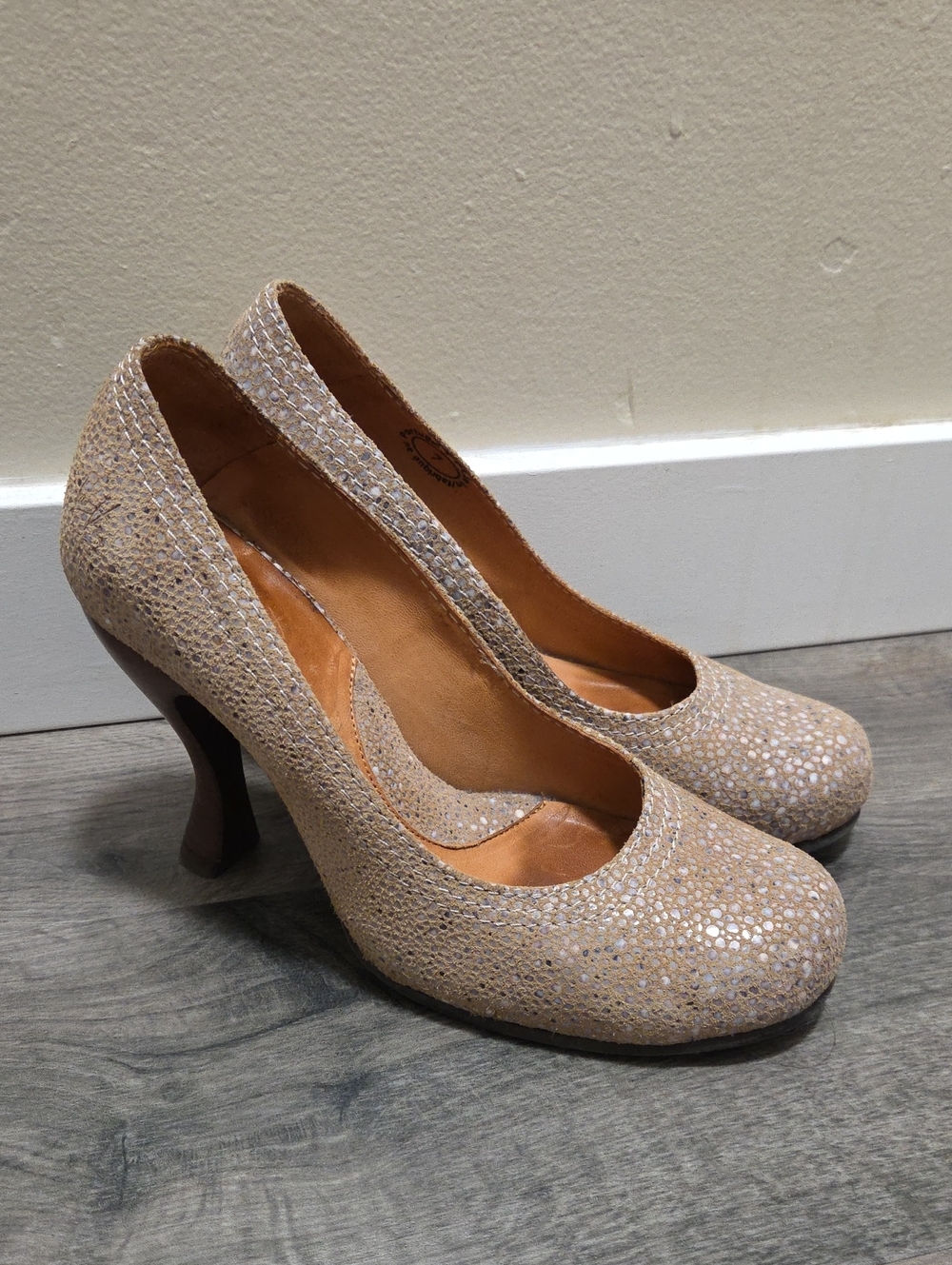 John Fluevog Champagne Glitter Round-Toe Heels